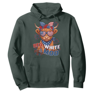 Red White and Moo Funny Patriotic Highland Cow Hoodie Cute American Flag Sunglasses and Bandana Summer Fireworks TS02 Dark Forest Green Print Your Wear