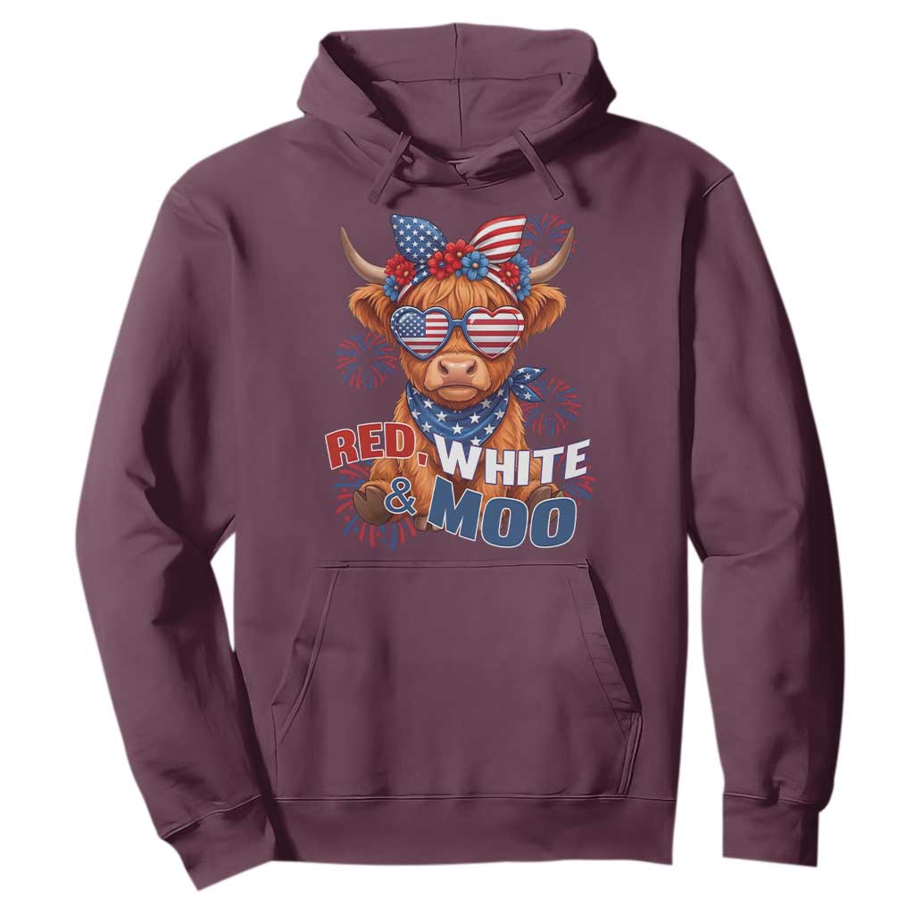 Red White and Moo Funny Patriotic Highland Cow Hoodie Cute American Flag Sunglasses and Bandana Summer Fireworks TS02 Maroon Print Your Wear