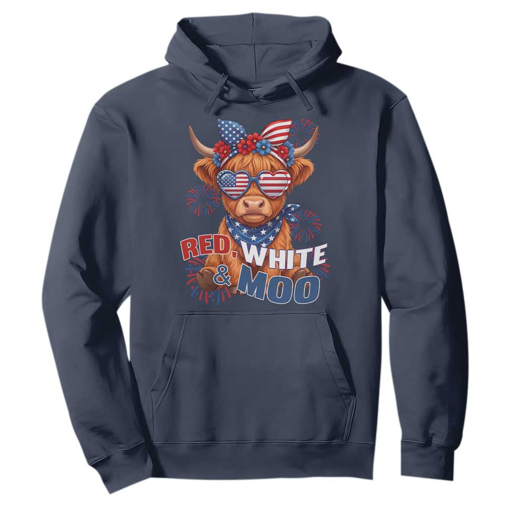 Red White and Moo Funny Patriotic Highland Cow Hoodie Cute American Flag Sunglasses and Bandana Summer Fireworks TS02 Navy Print Your Wear