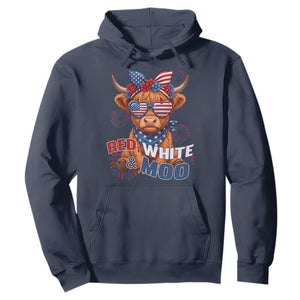 Red White and Moo Funny Patriotic Highland Cow Hoodie Cute American Flag Sunglasses and Bandana Summer Fireworks TS02 Navy Print Your Wear