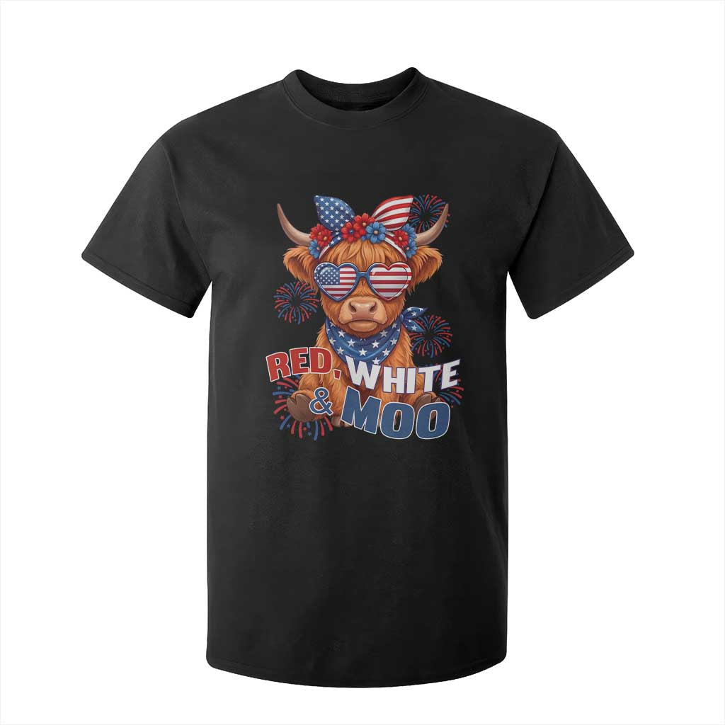 Red White and Moo Funny Patriotic Highland Cow T Shirt For Kid Cute American Flag Sunglasses and Bandana Summer Fireworks TS02 Black Print Your Wear