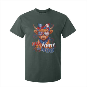 Red White and Moo Funny Patriotic Highland Cow T Shirt For Kid Cute American Flag Sunglasses and Bandana Summer Fireworks TS02 Dark Forest Green Print Your Wear