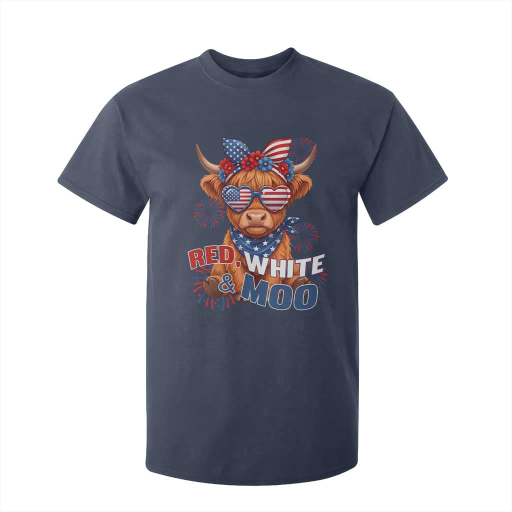 Red White and Moo Funny Patriotic Highland Cow T Shirt For Kid Cute American Flag Sunglasses and Bandana Summer Fireworks TS02 Navy Print Your Wear