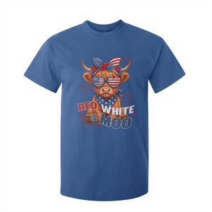 Red White and Moo Funny Patriotic Highland Cow T Shirt For Kid Cute American Flag Sunglasses and Bandana Summer Fireworks TS02 Royal Blue Print Your Wear