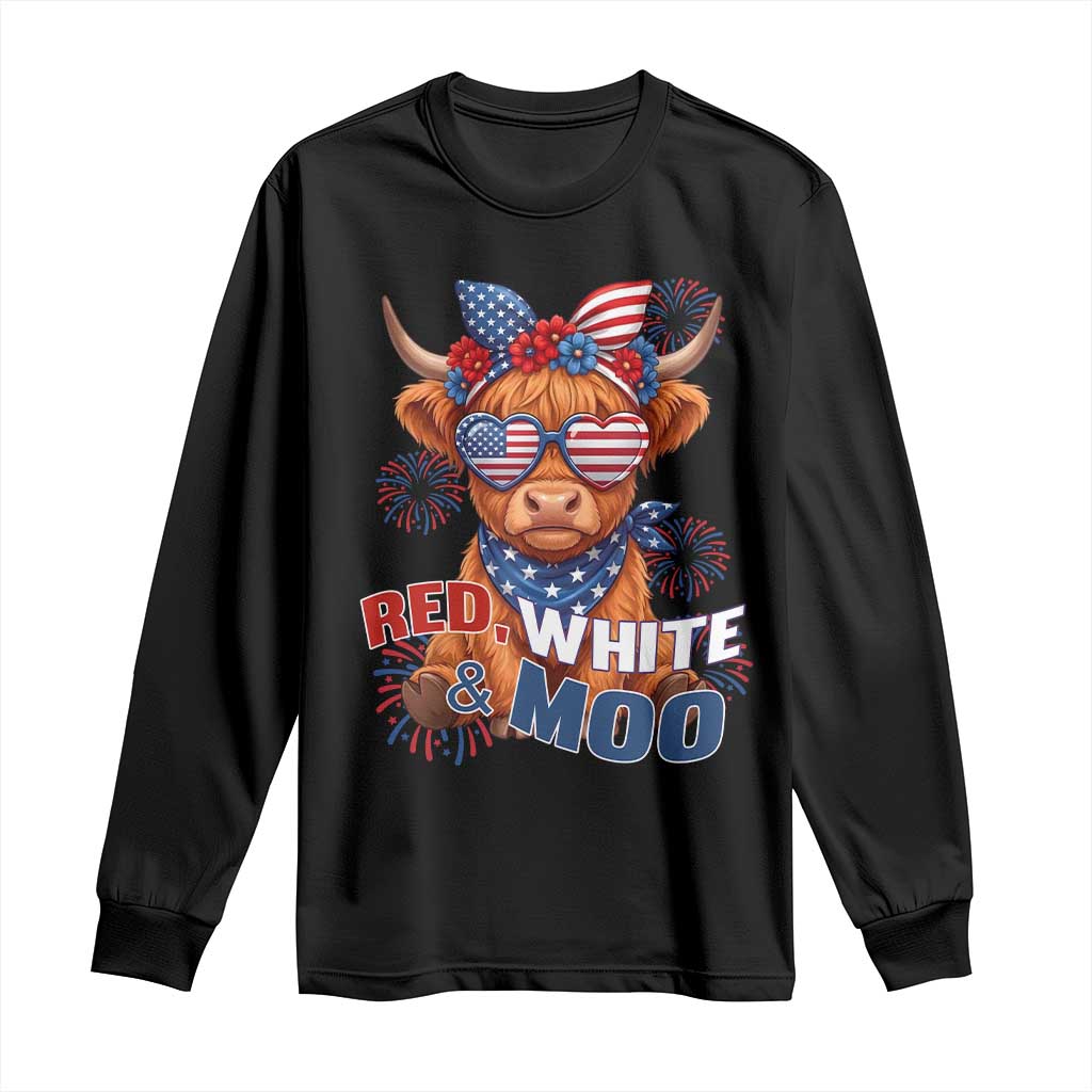 Red White and Moo Funny Patriotic Highland Cow Long Sleeve Shirt Cute American Flag Sunglasses and Bandana Summer Fireworks TS02 Black Print Your Wear