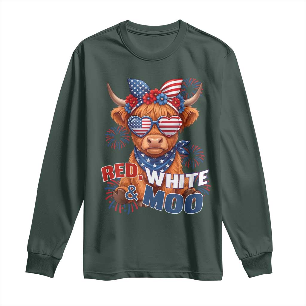 Red White and Moo Funny Patriotic Highland Cow Long Sleeve Shirt Cute American Flag Sunglasses and Bandana Summer Fireworks TS02 Dark Forest Green Print Your Wear