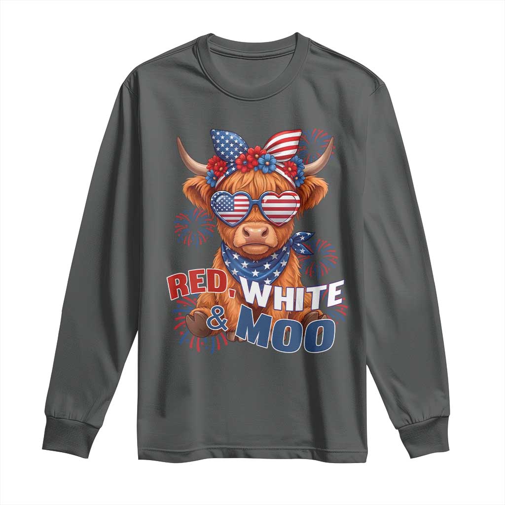 Red White and Moo Funny Patriotic Highland Cow Long Sleeve Shirt Cute American Flag Sunglasses and Bandana Summer Fireworks TS02 Dark Heather Print Your Wear