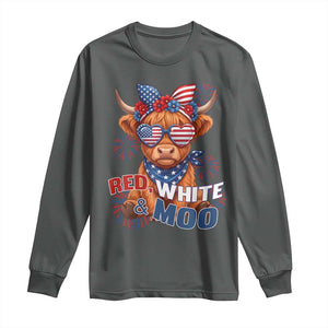 Red White and Moo Funny Patriotic Highland Cow Long Sleeve Shirt Cute American Flag Sunglasses and Bandana Summer Fireworks TS02 Dark Heather Print Your Wear