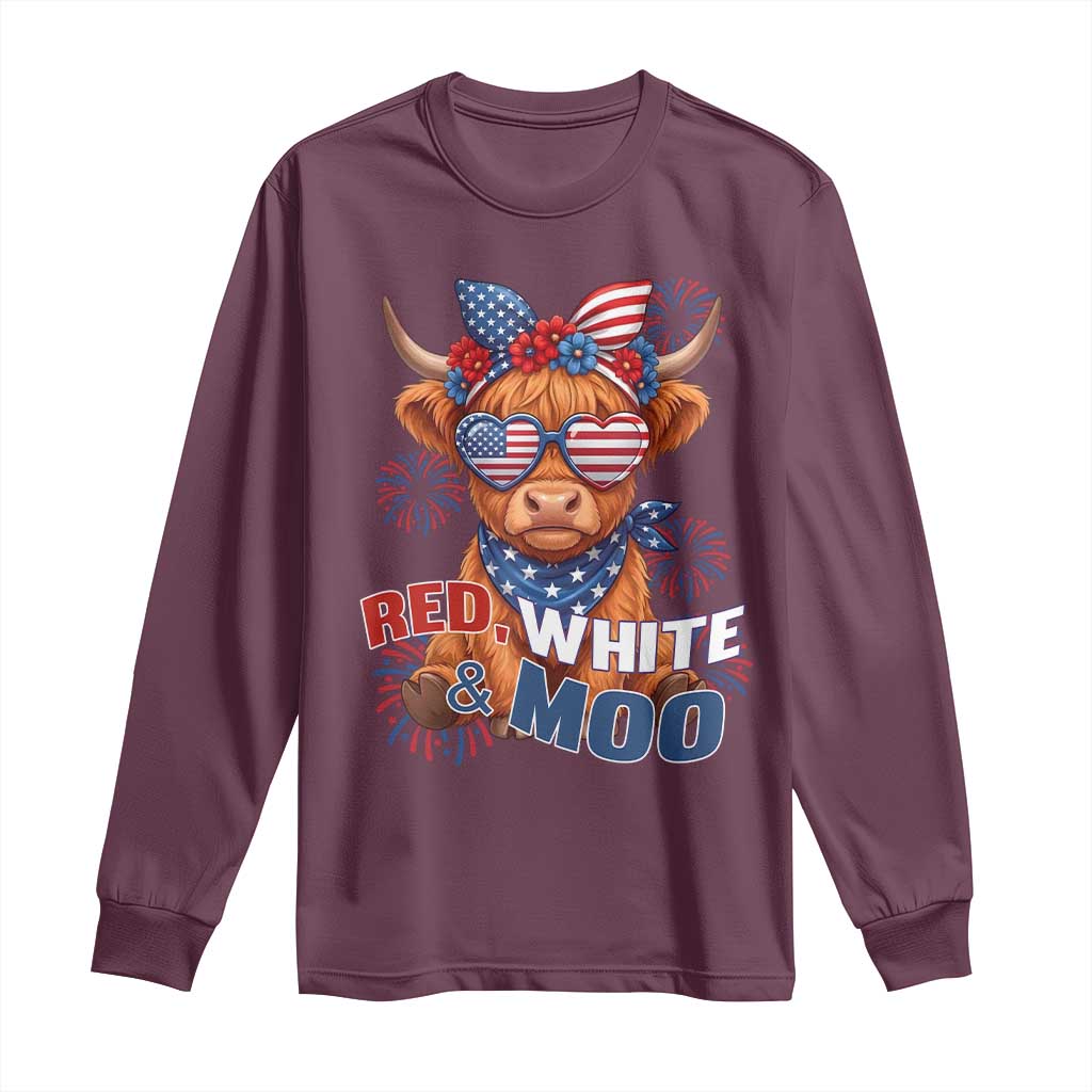 Red White and Moo Funny Patriotic Highland Cow Long Sleeve Shirt Cute American Flag Sunglasses and Bandana Summer Fireworks TS02 Maroon Print Your Wear