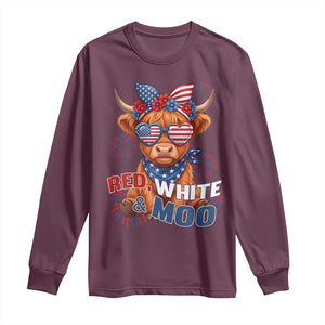 Red White and Moo Funny Patriotic Highland Cow Long Sleeve Shirt Cute American Flag Sunglasses and Bandana Summer Fireworks TS02 Maroon Print Your Wear