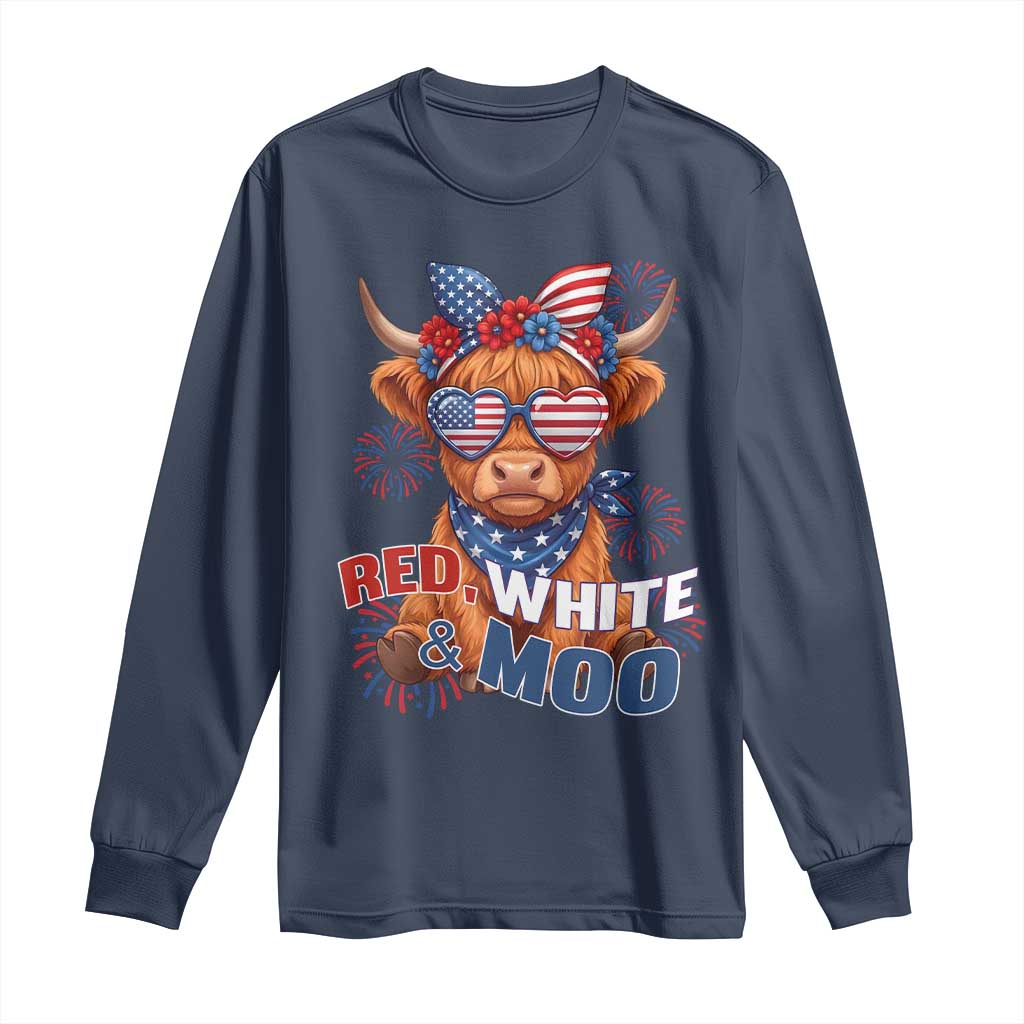 Red White and Moo Funny Patriotic Highland Cow Long Sleeve Shirt Cute American Flag Sunglasses and Bandana Summer Fireworks TS02 Navy Print Your Wear