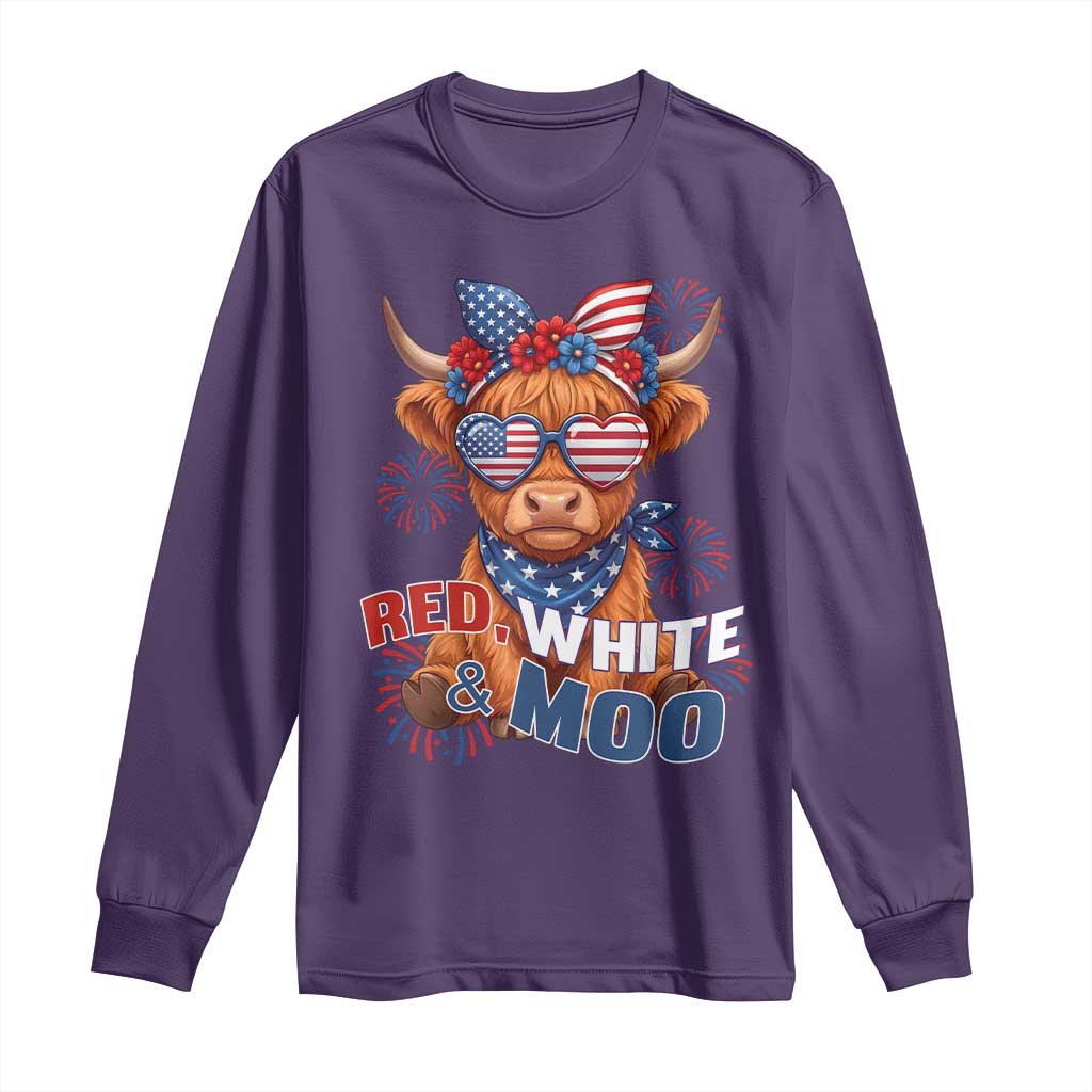 Red White and Moo Funny Patriotic Highland Cow Long Sleeve Shirt Cute American Flag Sunglasses and Bandana Summer Fireworks TS02 Purple Print Your Wear
