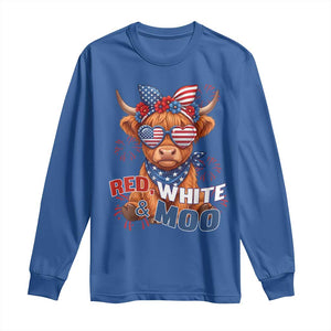 Red White and Moo Funny Patriotic Highland Cow Long Sleeve Shirt Cute American Flag Sunglasses and Bandana Summer Fireworks TS02 Royal Blue Print Your Wear