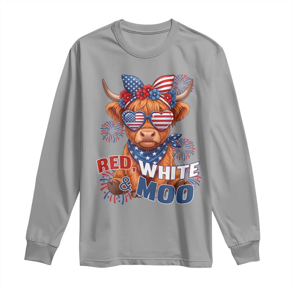 Red White and Moo Funny Patriotic Highland Cow Long Sleeve Shirt Cute American Flag Sunglasses and Bandana Summer Fireworks TS02 Sport Gray Print Your Wear