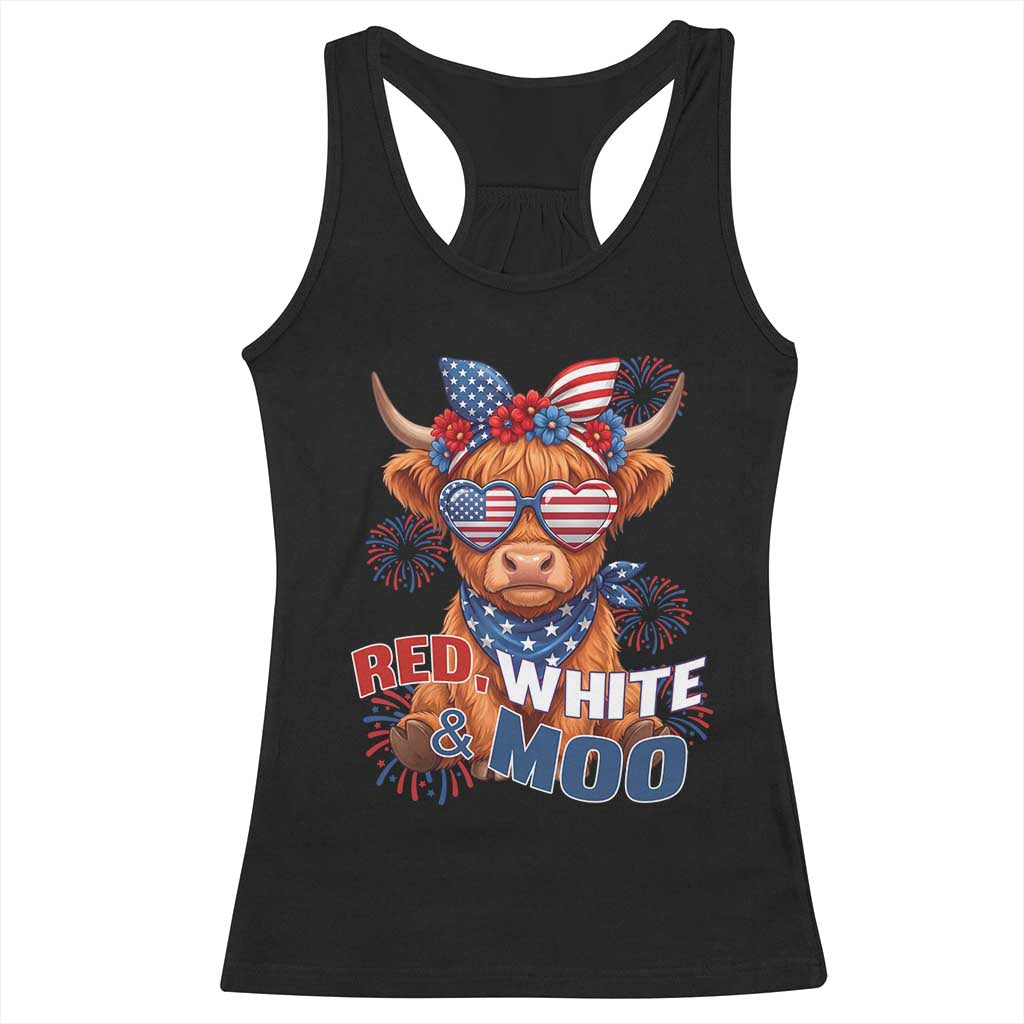 Red White and Moo Funny Patriotic Highland Cow Racerback Tank Top Cute American Flag Sunglasses and Bandana Summer Fireworks TS02 Black Print Your Wear