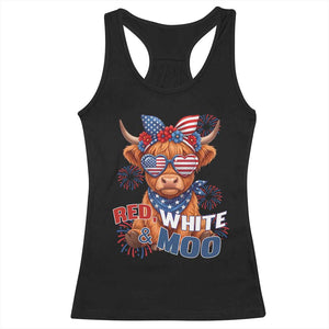 Red White and Moo Funny Patriotic Highland Cow Racerback Tank Top Cute American Flag Sunglasses and Bandana Summer Fireworks TS02 Black Print Your Wear