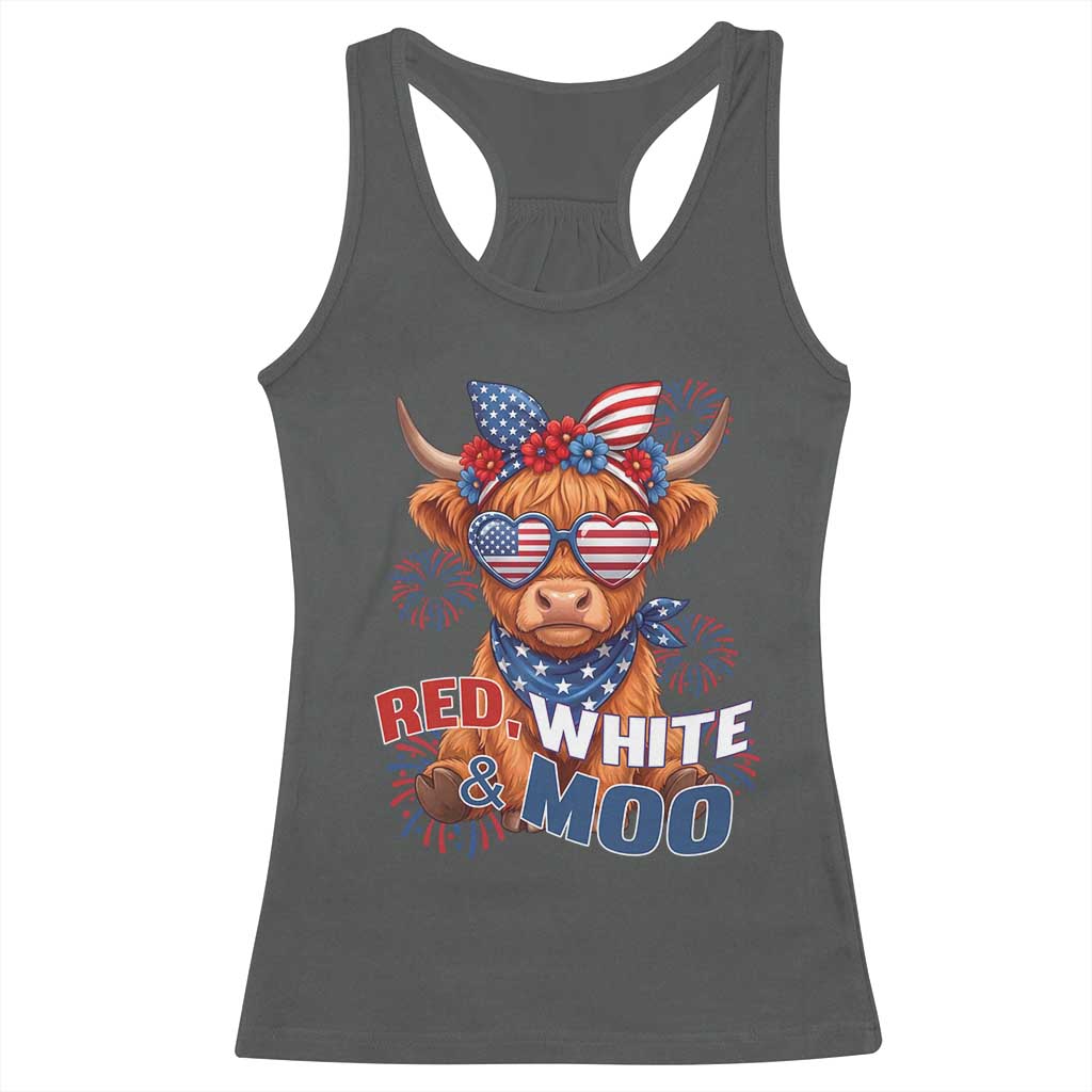Red White and Moo Funny Patriotic Highland Cow Racerback Tank Top Cute American Flag Sunglasses and Bandana Summer Fireworks TS02 Dark Heather Print Your Wear