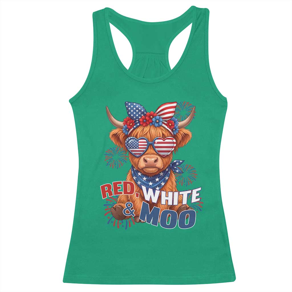Red White and Moo Funny Patriotic Highland Cow Racerback Tank Top Cute American Flag Sunglasses and Bandana Summer Fireworks TS02 Irish Green Print Your Wear