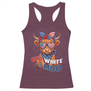 Red White and Moo Funny Patriotic Highland Cow Racerback Tank Top Cute American Flag Sunglasses and Bandana Summer Fireworks TS02 Maroon Print Your Wear