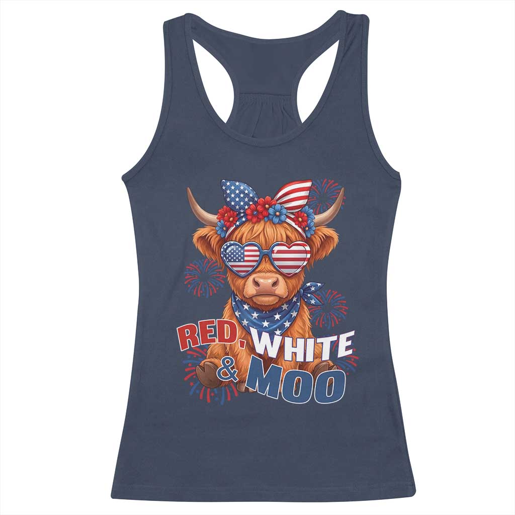 Red White and Moo Funny Patriotic Highland Cow Racerback Tank Top Cute American Flag Sunglasses and Bandana Summer Fireworks TS02 Navy Print Your Wear