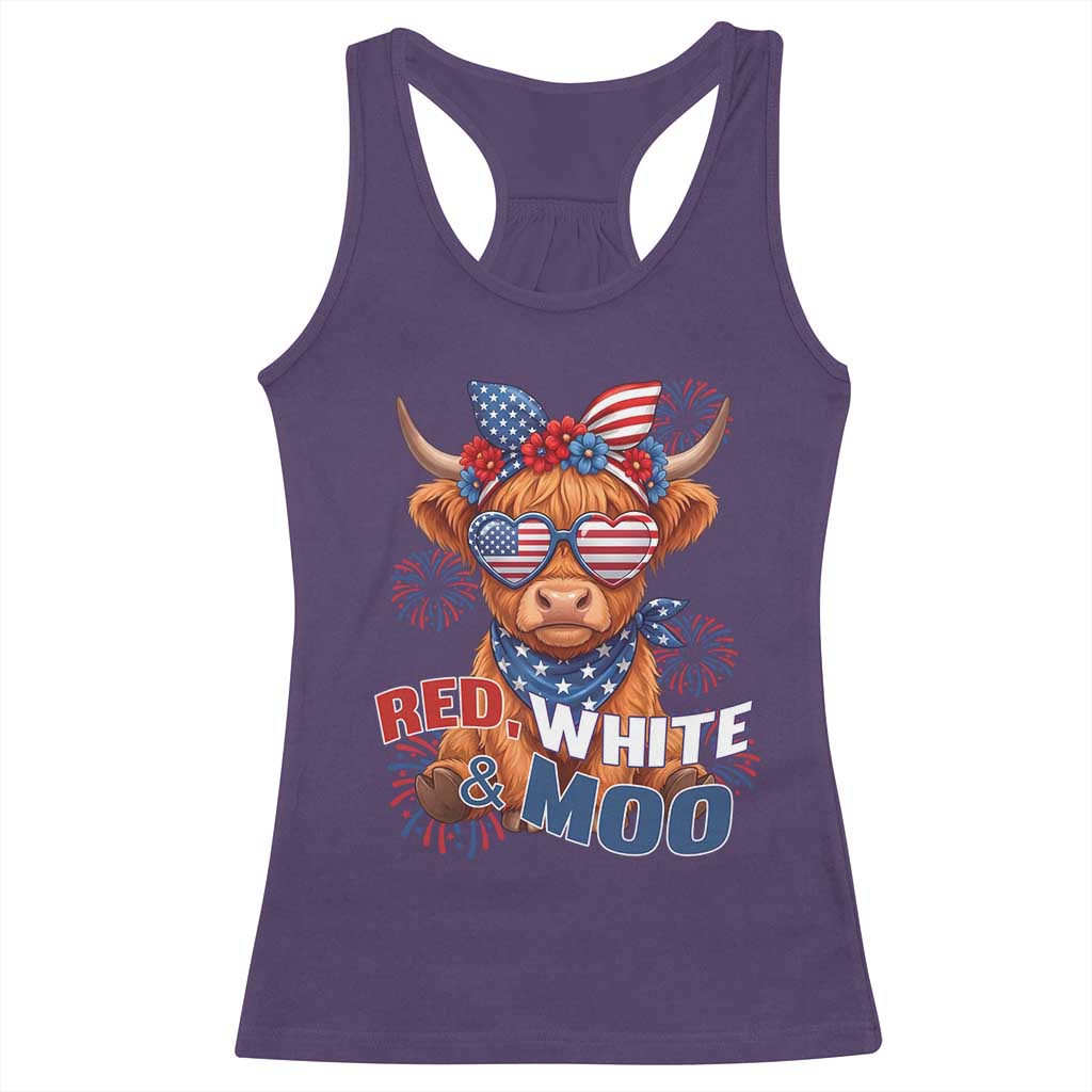 Red White and Moo Funny Patriotic Highland Cow Racerback Tank Top Cute American Flag Sunglasses and Bandana Summer Fireworks TS02 Purple Print Your Wear