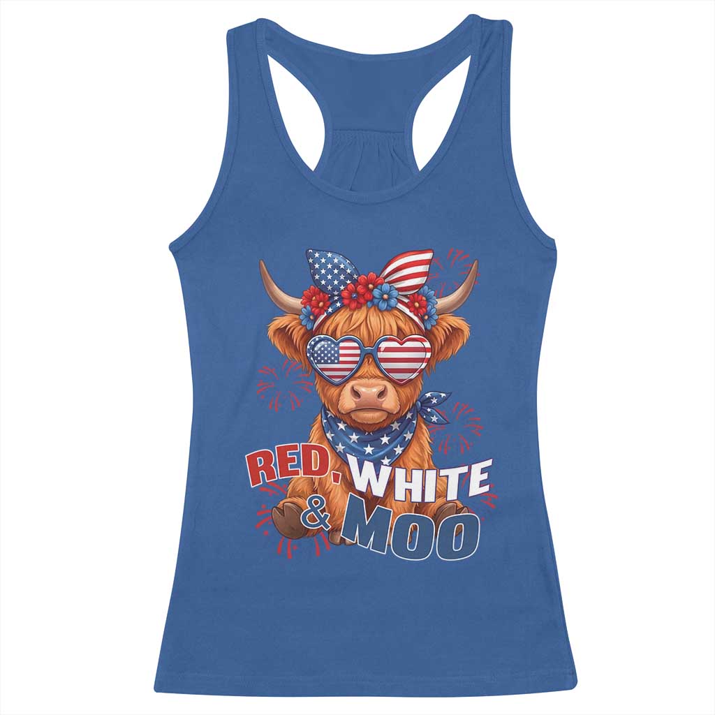 Red White and Moo Funny Patriotic Highland Cow Racerback Tank Top Cute American Flag Sunglasses and Bandana Summer Fireworks TS02 Royal Blue Print Your Wear