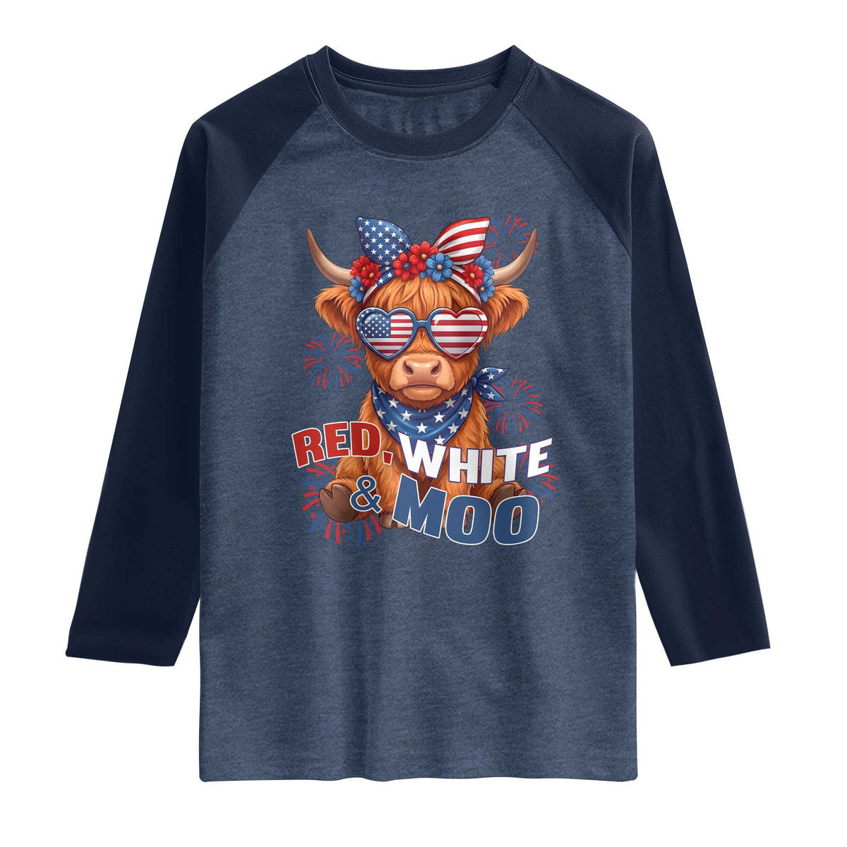 Red White and Moo Funny Patriotic Highland Cow Raglan Shirt Cute American Flag Sunglasses and Bandana Summer Fireworks TS02 Heather Denim Navy Print Your Wear