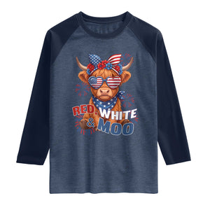 Red White and Moo Funny Patriotic Highland Cow Raglan Shirt Cute American Flag Sunglasses and Bandana Summer Fireworks TS02 Heather Denim Navy Print Your Wear