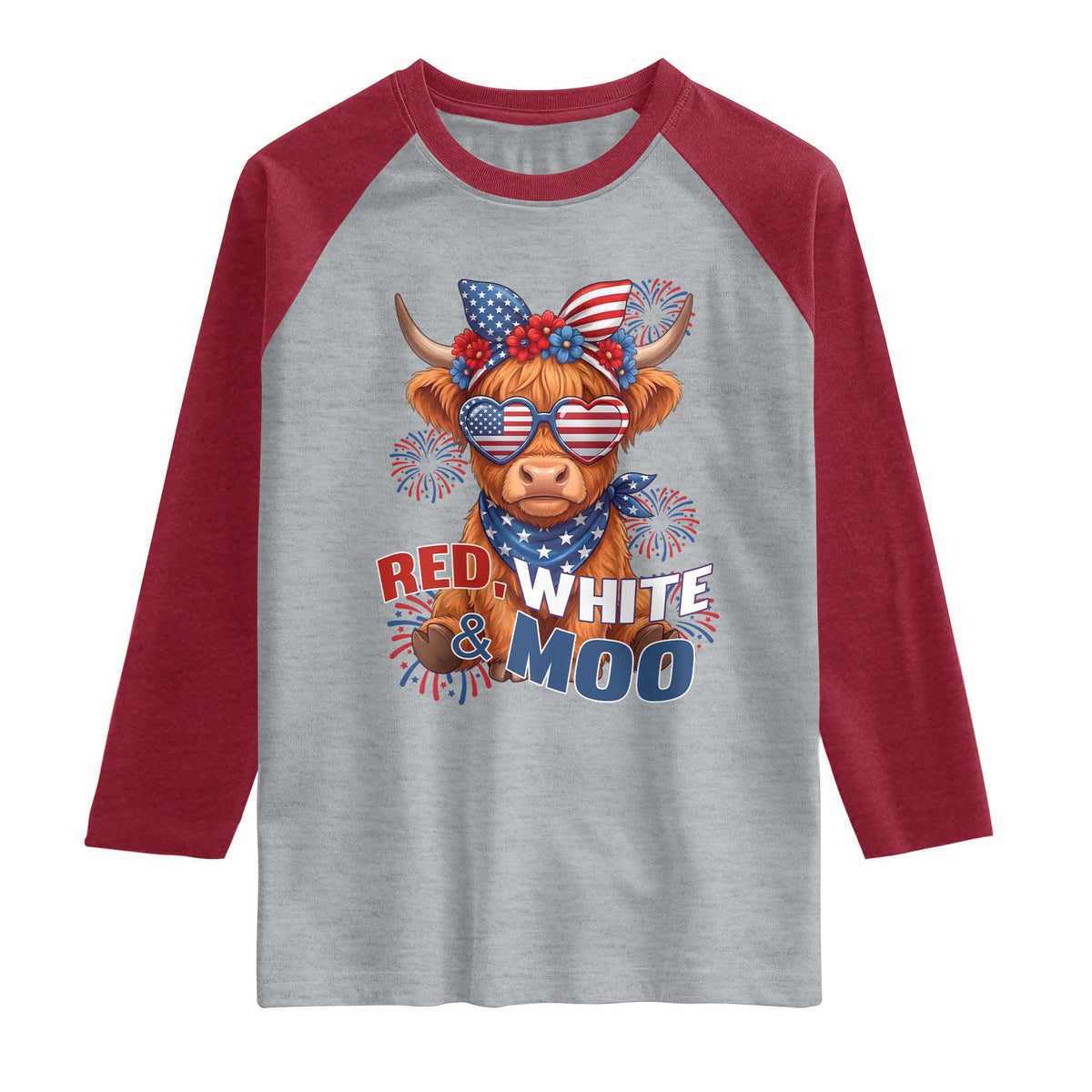 Red White and Moo Funny Patriotic Highland Cow Raglan Shirt Cute American Flag Sunglasses and Bandana Summer Fireworks TS02 Heather Gray Heather Red Print Your Wear