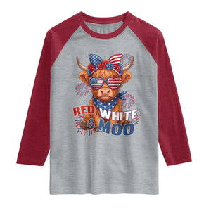 Red White and Moo Funny Patriotic Highland Cow Raglan Shirt Cute American Flag Sunglasses and Bandana Summer Fireworks TS02 Heather Gray Heather Red Print Your Wear
