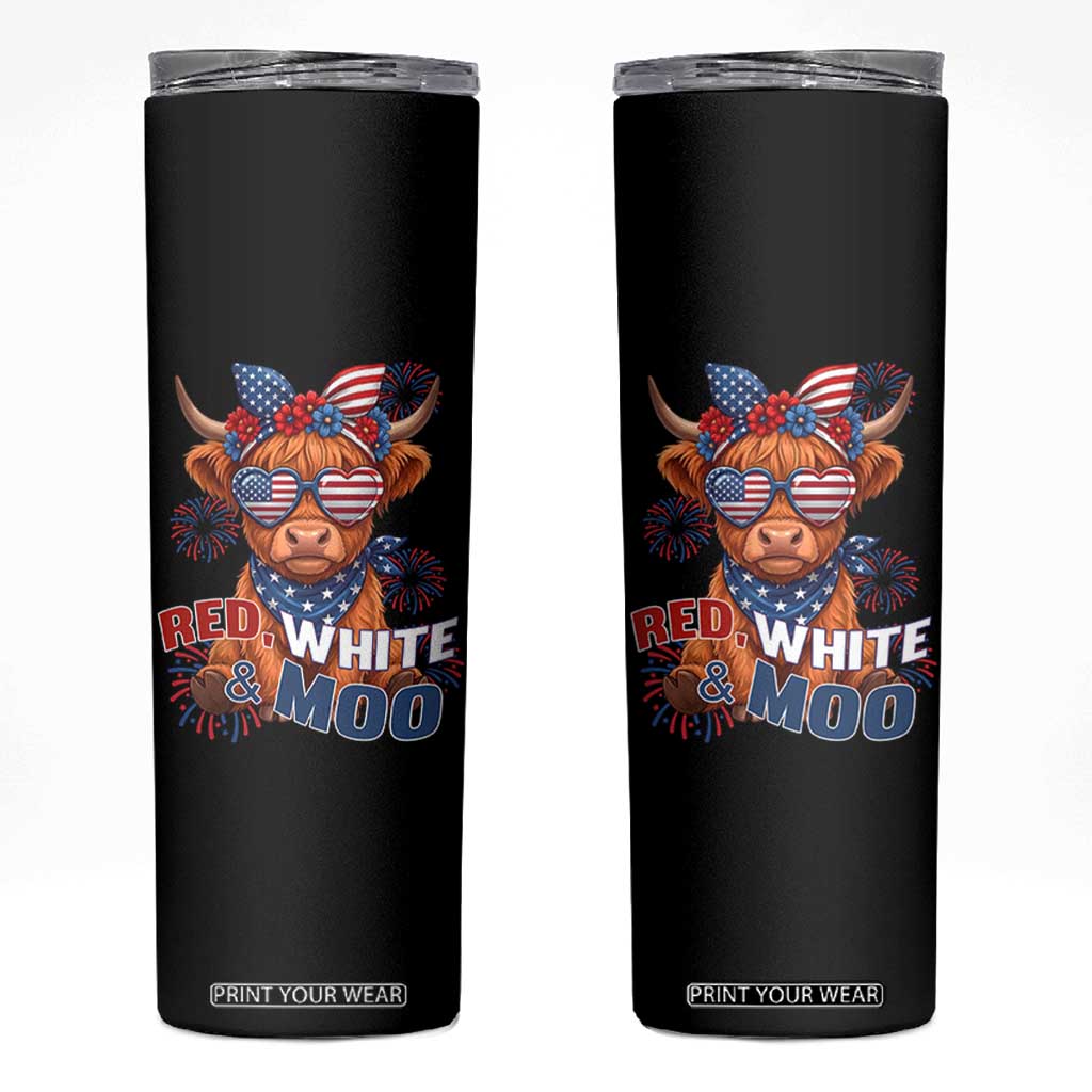 Red White and Moo Funny Patriotic Highland Cow Skinny Tumbler Cute American Flag Sunglasses and Bandana Summer Fireworks TS02 Black Print Your Wear