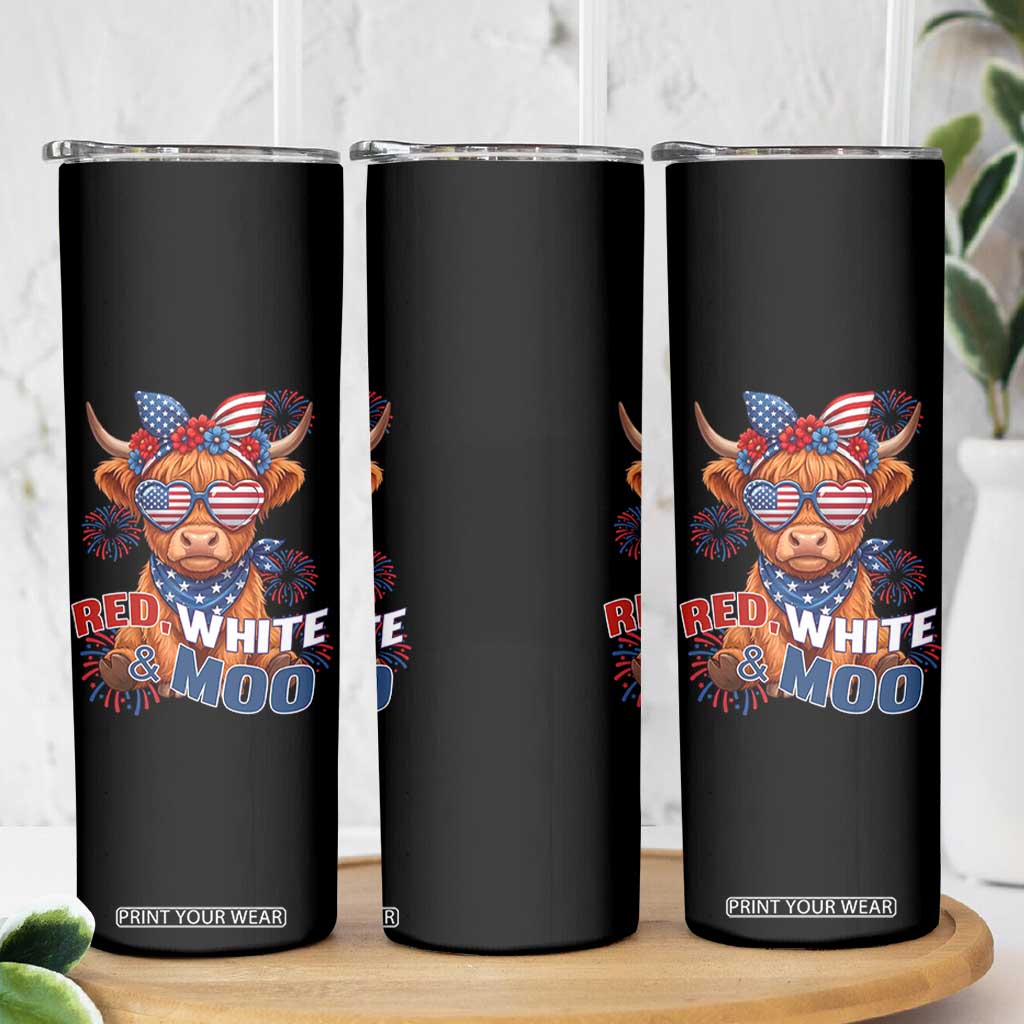 Red White and Moo Funny Patriotic Highland Cow Skinny Tumbler Cute American Flag Sunglasses and Bandana Summer Fireworks TS02 Print Your Wear