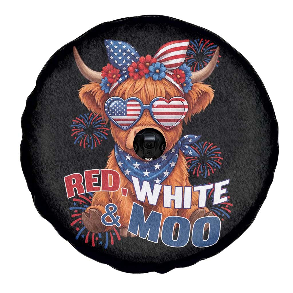 Red White and Moo Funny Patriotic Highland Cow Spare Tire Cover Cute American Flag Sunglasses and Bandana Summer Fireworks TS02 Print Your Wear