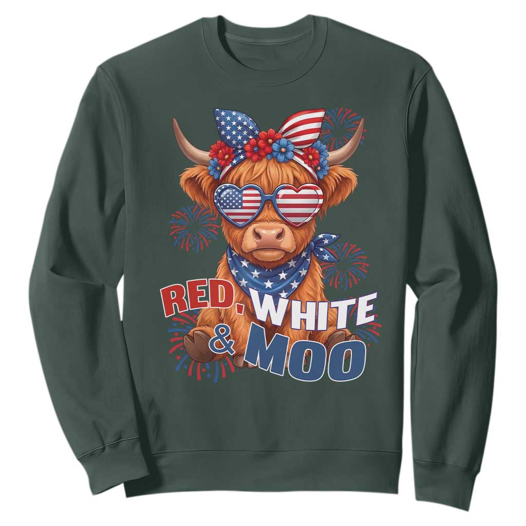 Red White and Moo Funny Patriotic Highland Cow Sweatshirt Cute American Flag Sunglasses and Bandana Summer Fireworks TS02 Dark Forest Green Print Your Wear