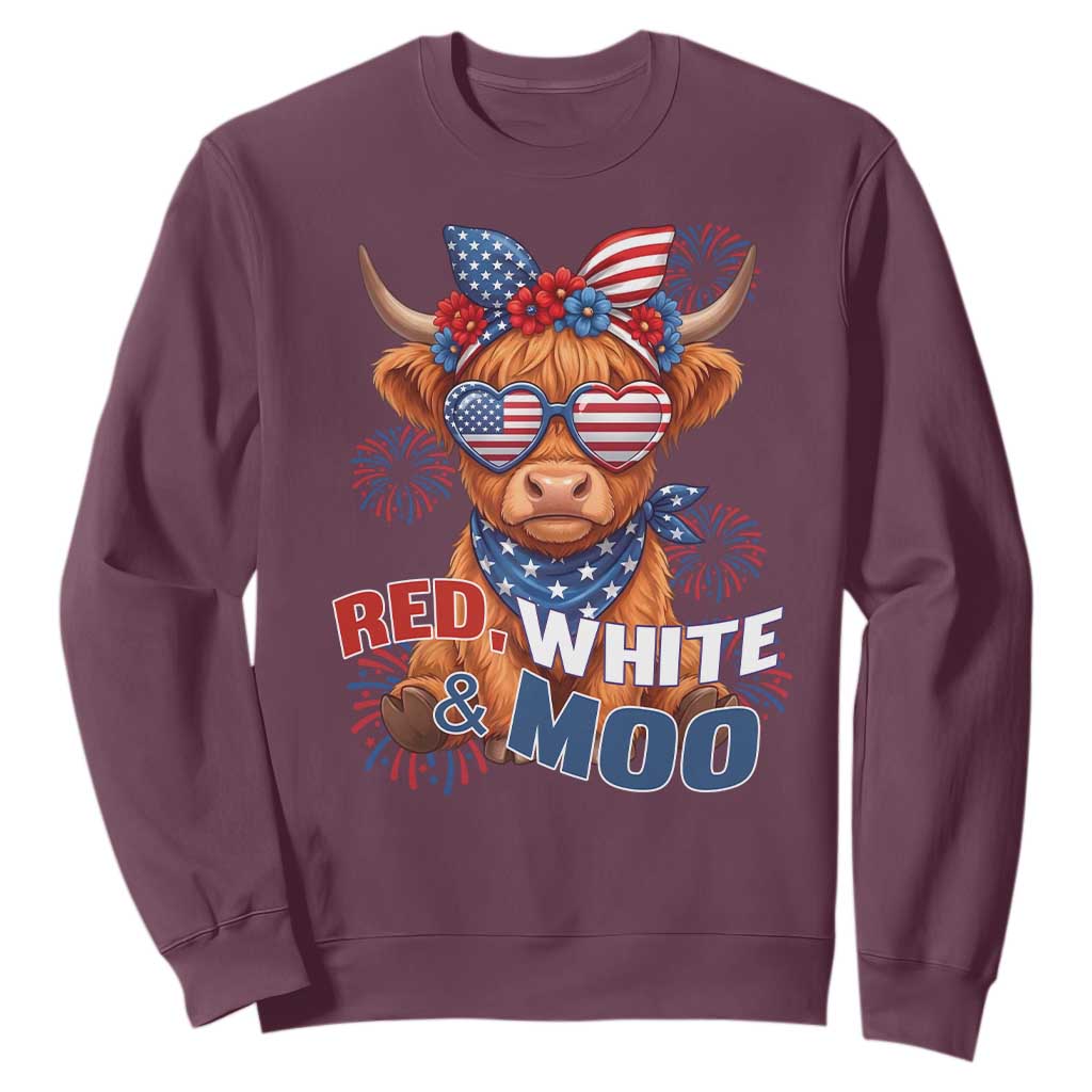 Red White and Moo Funny Patriotic Highland Cow Sweatshirt Cute American Flag Sunglasses and Bandana Summer Fireworks TS02 Maroon Print Your Wear