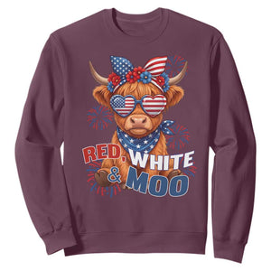 Red White and Moo Funny Patriotic Highland Cow Sweatshirt Cute American Flag Sunglasses and Bandana Summer Fireworks TS02 Maroon Print Your Wear