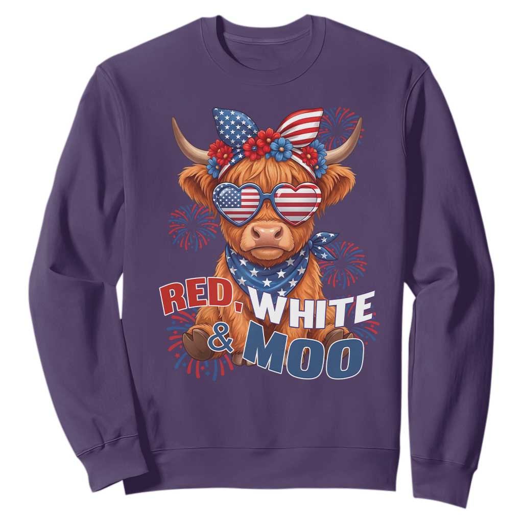 Red White and Moo Funny Patriotic Highland Cow Sweatshirt Cute American Flag Sunglasses and Bandana Summer Fireworks TS02 Purple Print Your Wear