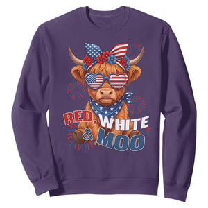 Red White and Moo Funny Patriotic Highland Cow Sweatshirt Cute American Flag Sunglasses and Bandana Summer Fireworks TS02 Purple Print Your Wear