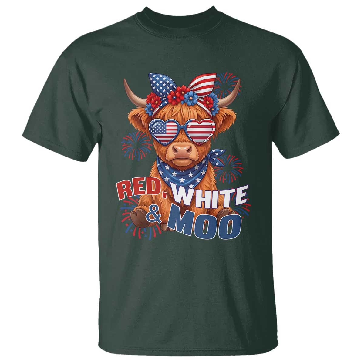 Red White and Moo Funny Patriotic Highland Cow T Shirt Cute American Flag Sunglasses and Bandana Summer Fireworks TS02 Dark Forest Green Print Your Wear