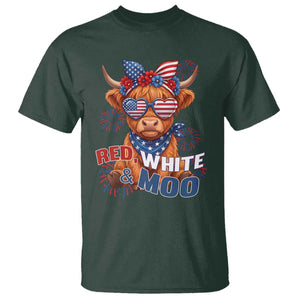Red White and Moo Funny Patriotic Highland Cow T Shirt Cute American Flag Sunglasses and Bandana Summer Fireworks TS02 Dark Forest Green Print Your Wear