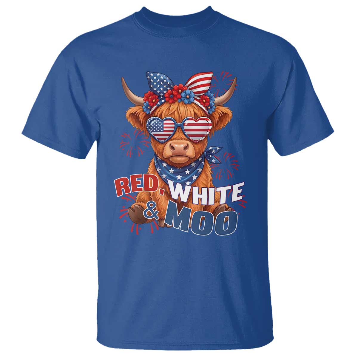 Red White and Moo Funny Patriotic Highland Cow T Shirt Cute American Flag Sunglasses and Bandana Summer Fireworks TS02 Royal Blue Print Your Wear