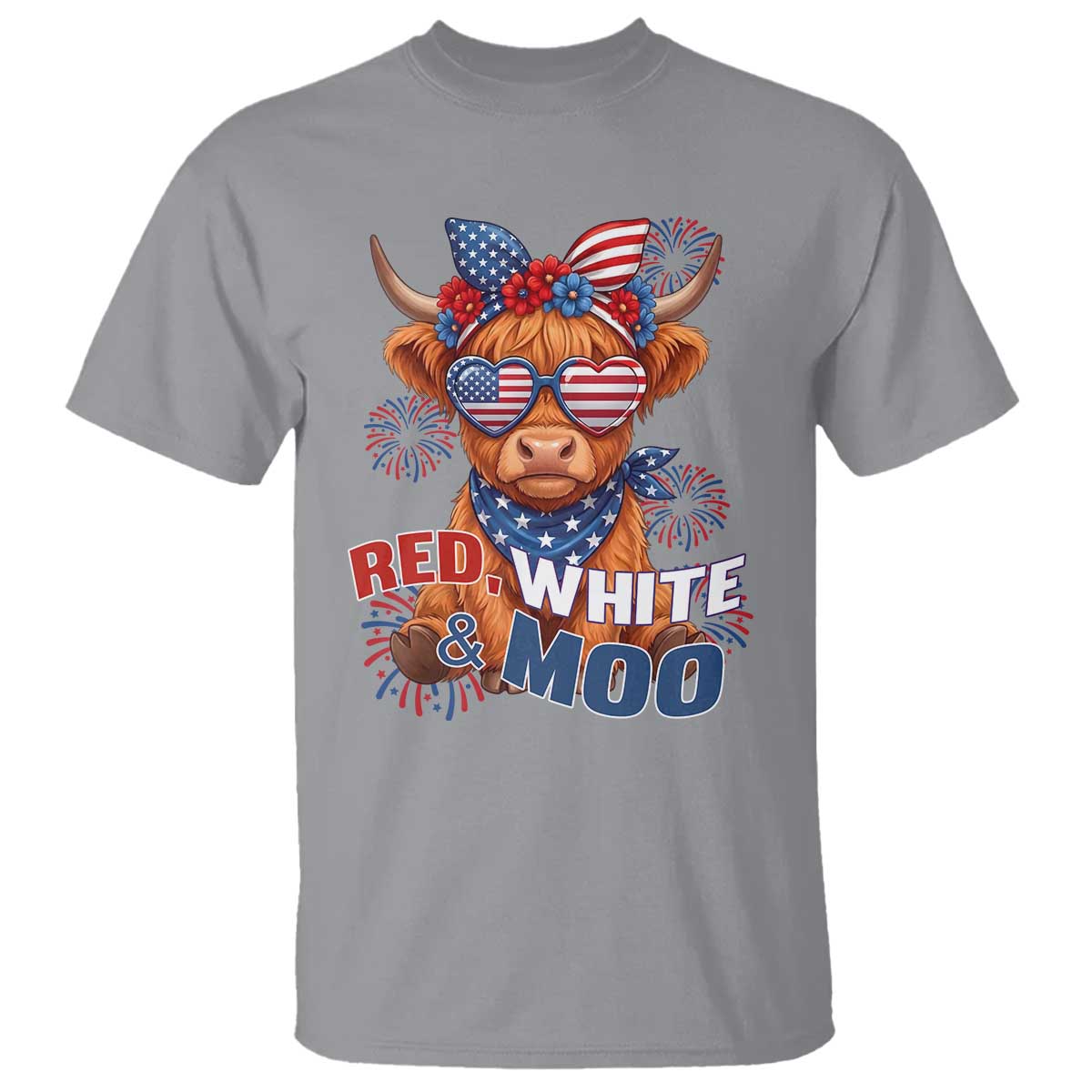 Red White and Moo Funny Patriotic Highland Cow T Shirt Cute American Flag Sunglasses and Bandana Summer Fireworks TS02 Sport Gray Print Your Wear