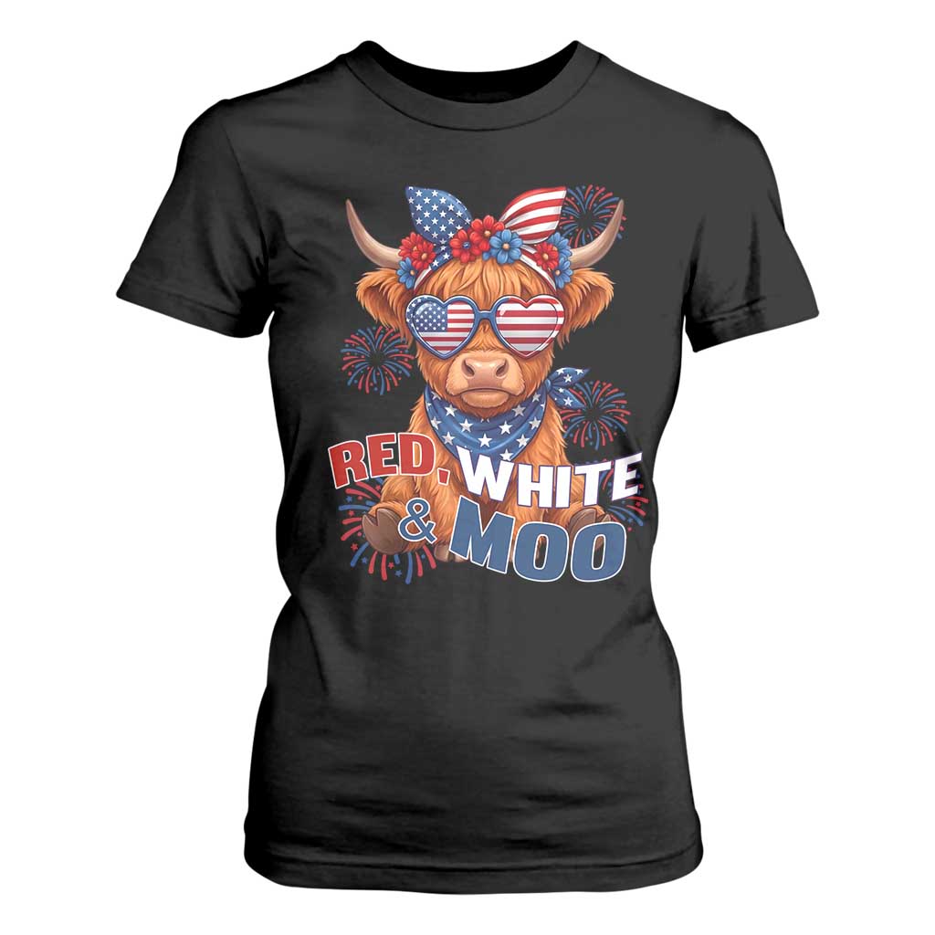 Red White and Moo Funny Patriotic Highland Cow T Shirt For Women Cute American Flag Sunglasses and Bandana Summer Fireworks TS02 Black Print Your Wear