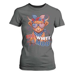 Red White and Moo Funny Patriotic Highland Cow T Shirt For Women Cute American Flag Sunglasses and Bandana Summer Fireworks TS02 Dark Heather Print Your Wear