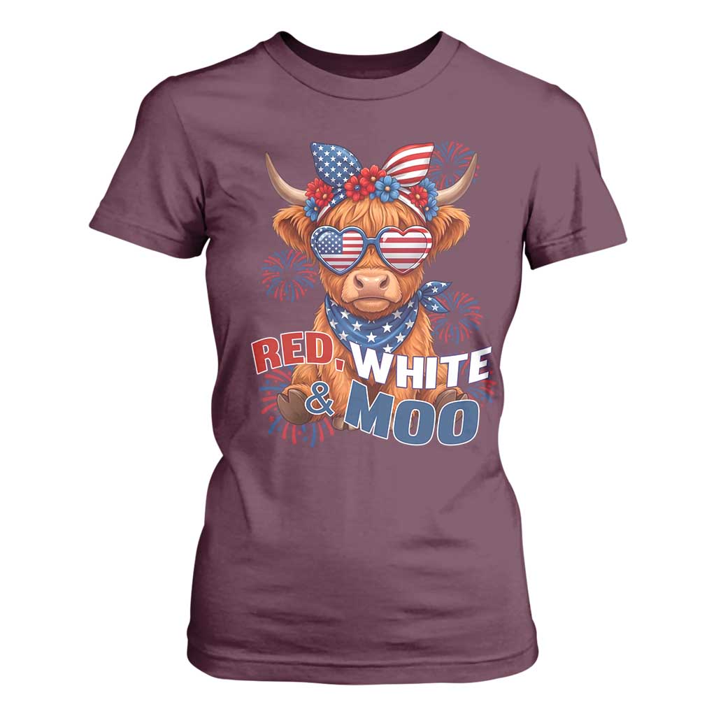 Red White and Moo Funny Patriotic Highland Cow T Shirt For Women Cute American Flag Sunglasses and Bandana Summer Fireworks TS02 Maroon Print Your Wear