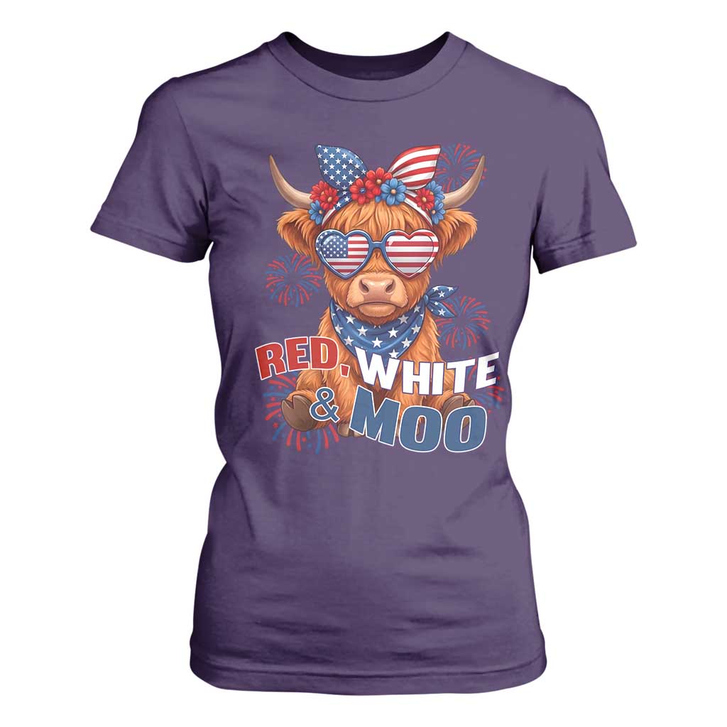 Red White and Moo Funny Patriotic Highland Cow T Shirt For Women Cute American Flag Sunglasses and Bandana Summer Fireworks TS02 Purple Print Your Wear