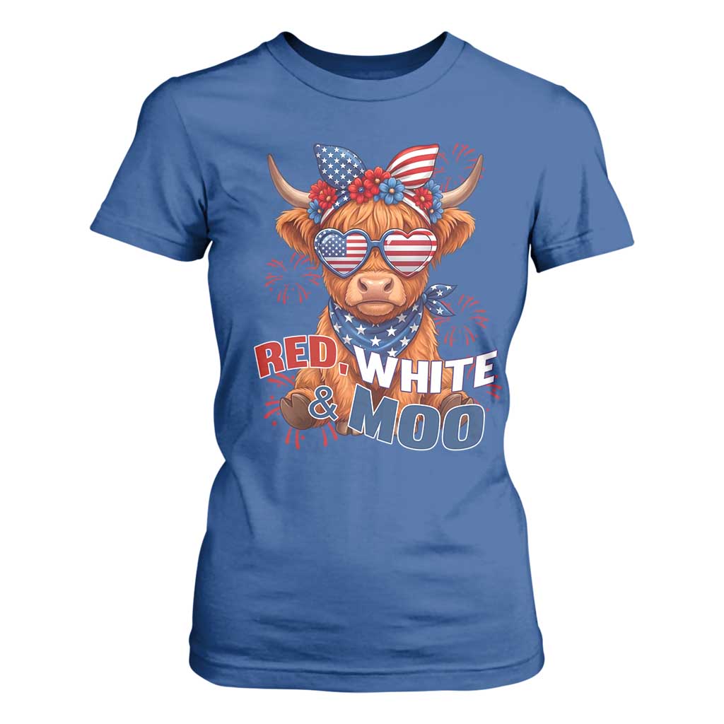 Red White and Moo Funny Patriotic Highland Cow T Shirt For Women Cute American Flag Sunglasses and Bandana Summer Fireworks TS02 Royal Blue Print Your Wear