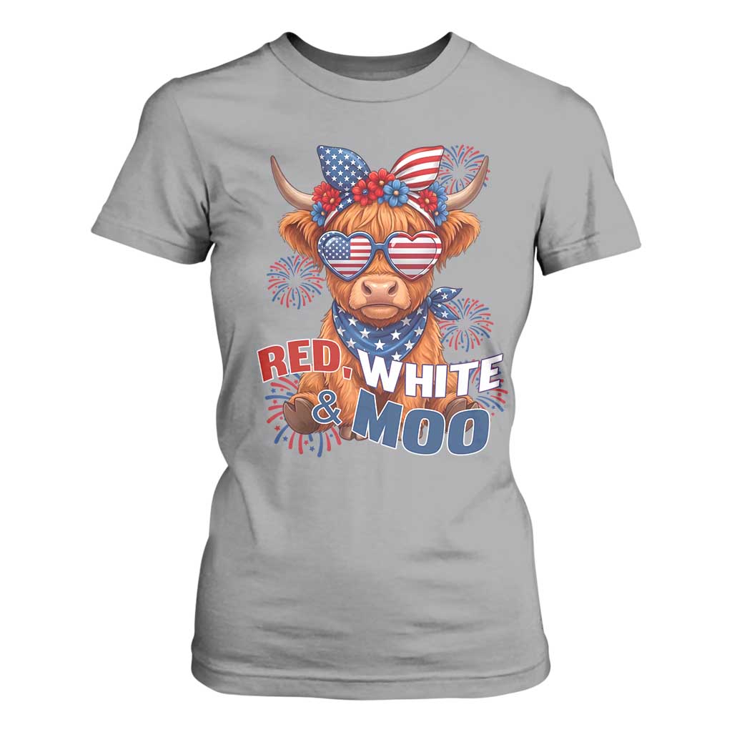 Red White and Moo Funny Patriotic Highland Cow T Shirt For Women Cute American Flag Sunglasses and Bandana Summer Fireworks TS02 Sport Gray Print Your Wear
