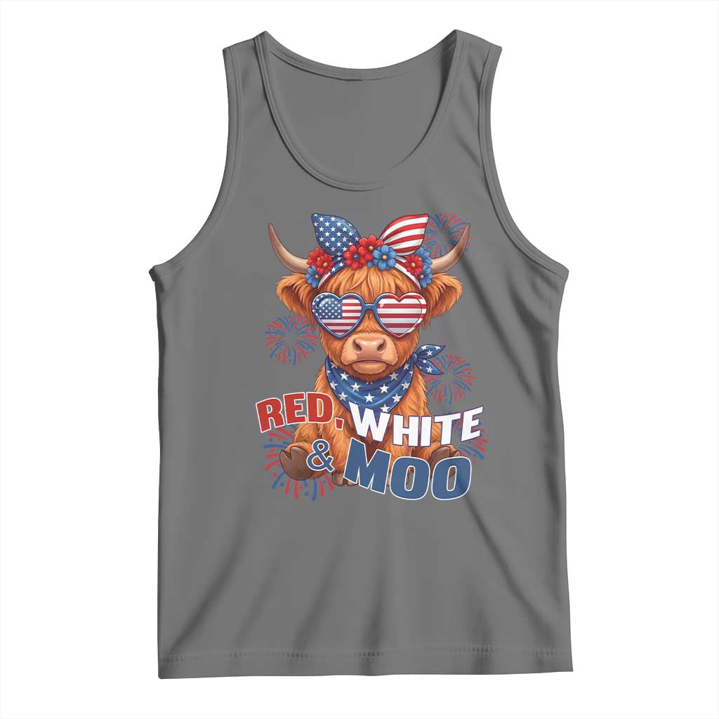 Red White and Moo Funny Patriotic Highland Cow Tank Top Cute American Flag Sunglasses and Bandana Summer Fireworks TS02 Black Heather Print Your Wear
