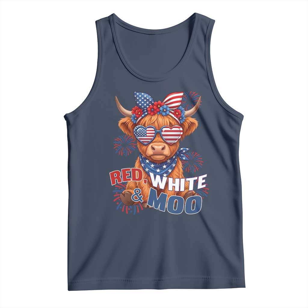 Red White and Moo Funny Patriotic Highland Cow Tank Top Cute American Flag Sunglasses and Bandana Summer Fireworks TS02 Navy Print Your Wear